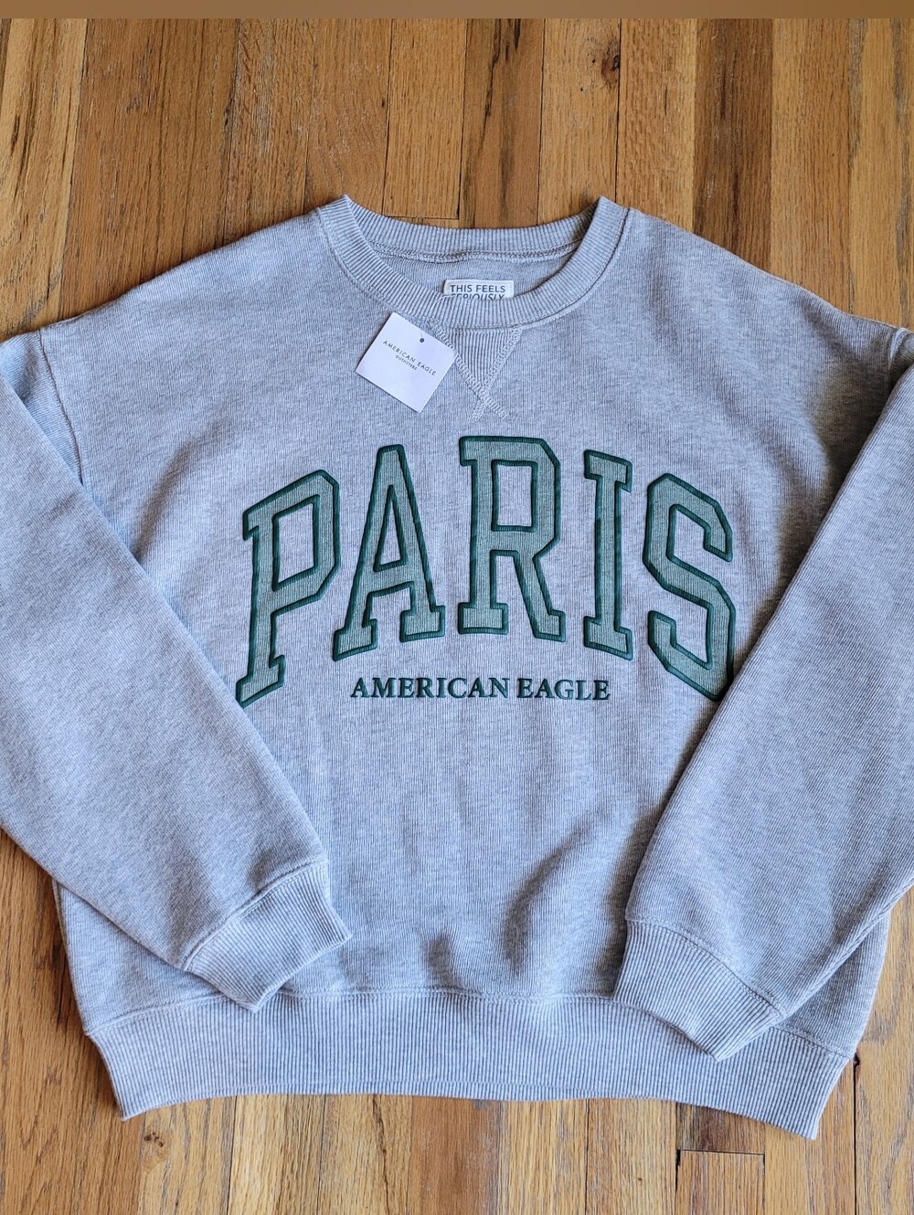 American Eagle Outfitters Gray Crewneck with Green 'PARIS' Lettering Size Medium